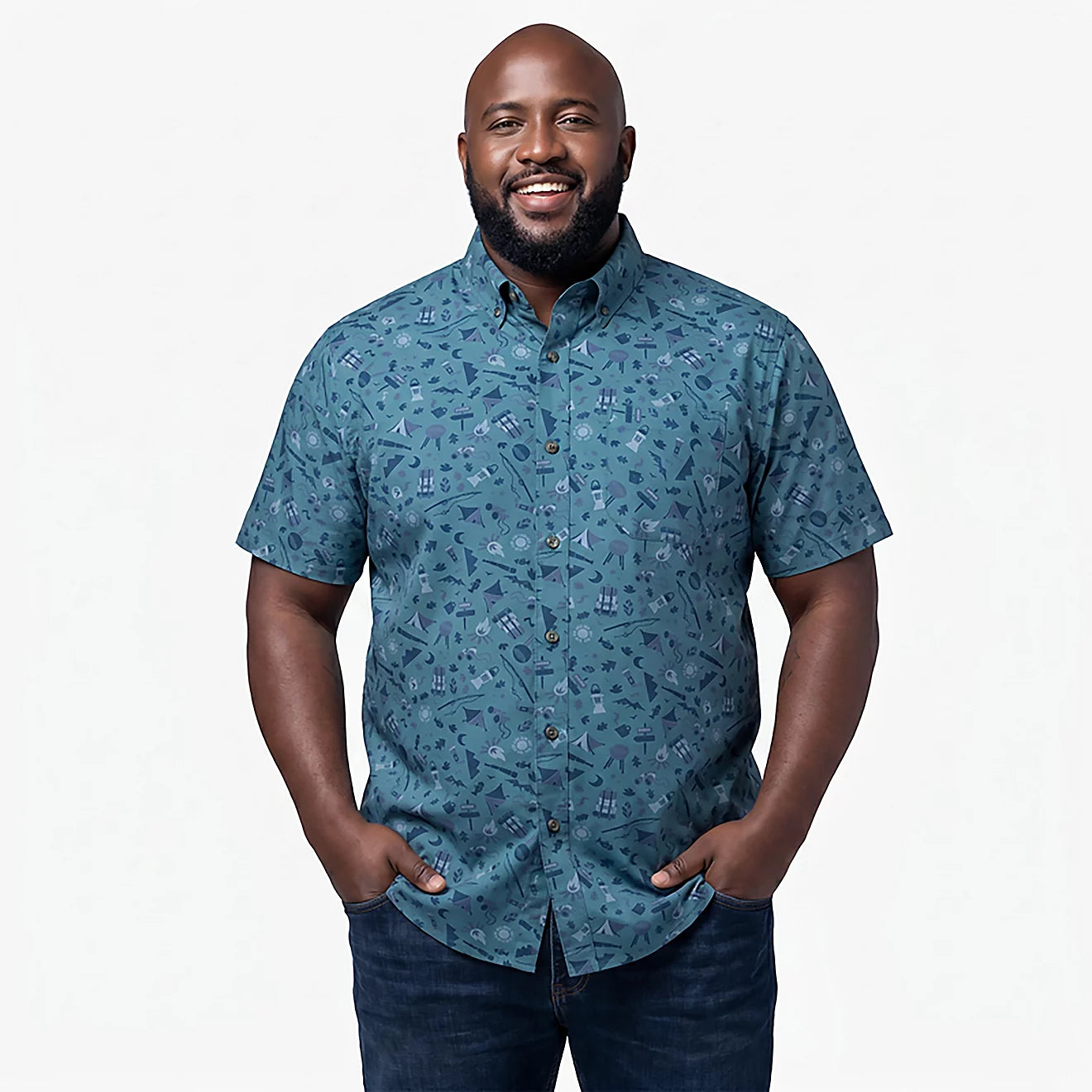 Magellan Outdoors Men's Navy Summerville Print Short Sleeve Shirt