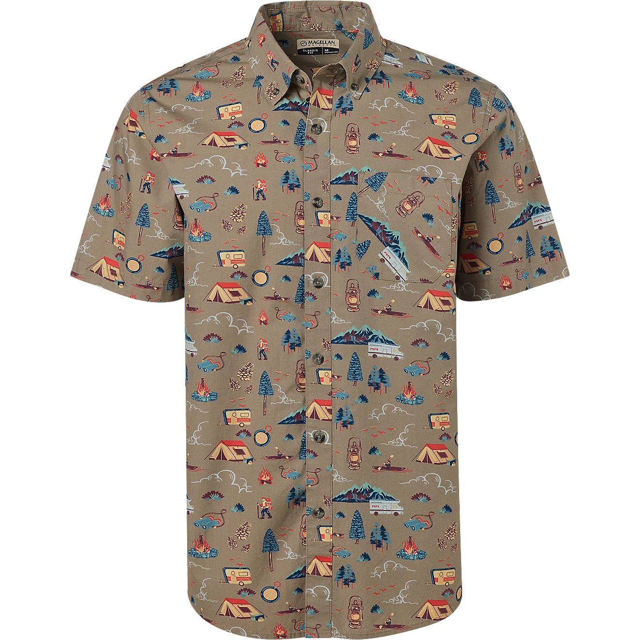 Magellan Outdoors Men's Beige Dark Summerville Print Short Sleeve Shirt