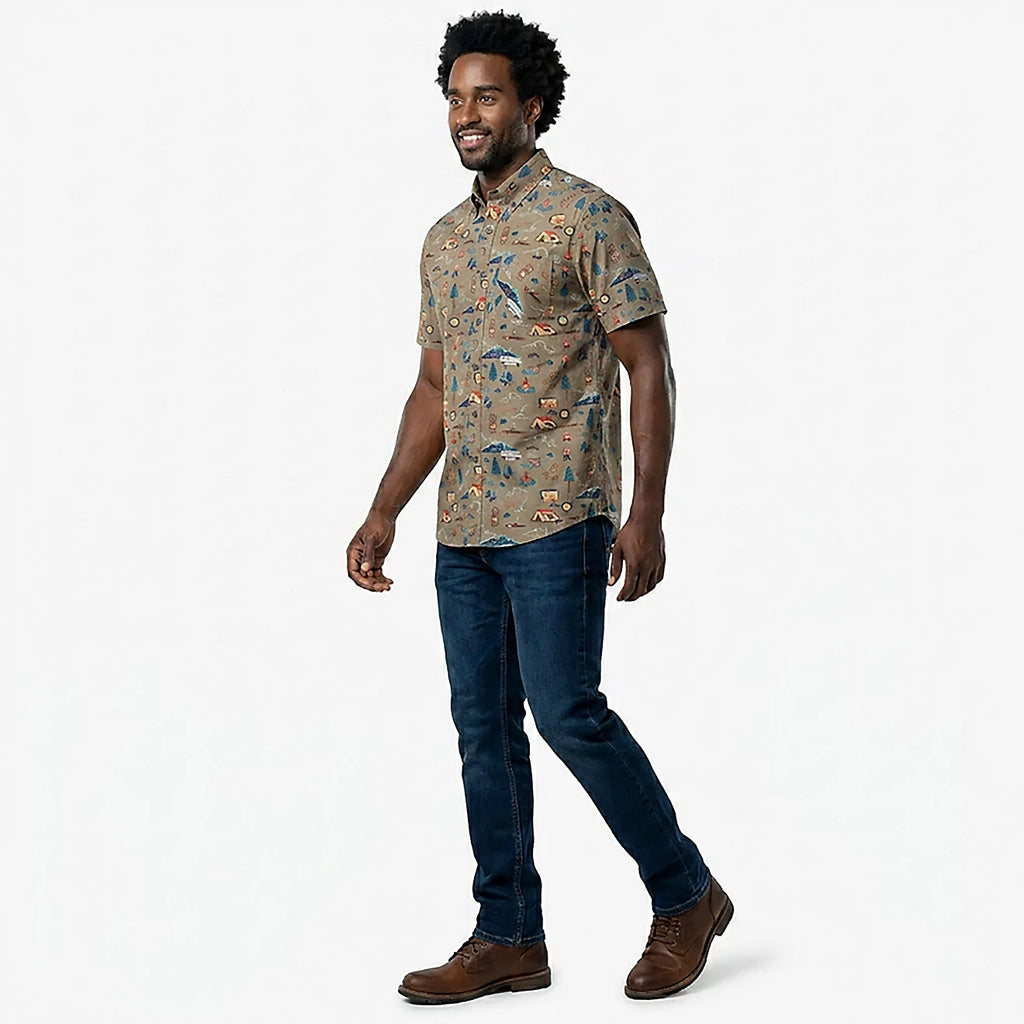 Magellan Outdoors Men's Beige Dark Summerville Print Short Sleeve Shirt