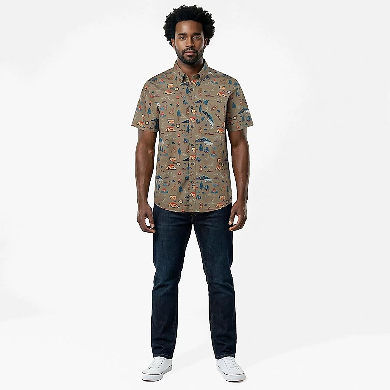Magellan Outdoors Men's Beige Dark Summerville Print Short Sleeve Shirt